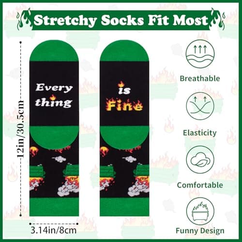 COZYMATE Funny Dumpster Fire Crew Socks for Men Novelty Socks for Cowokers Boss Office Gag Gifts (US, Alpha, One Size, Regular, Regular, Green&Black) - Thumbnail 2