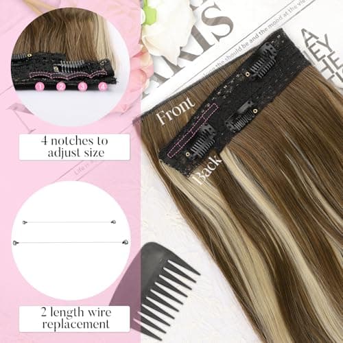 Invisible Wire Hair Extensions with Transparent Wire Adjustable Size 4 Secure Clips Long Wavy Secret Hairpiece 20 Inch for Women(Light Brown with Caramel Blonde) - Thumbnail 4