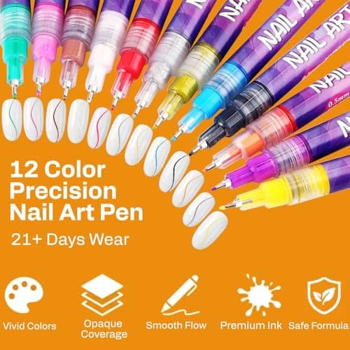 12 Colors Nail Art Pens & Nail Markers Set, 0.5mm Ultra-Fine Tip Acrylic Paint for Nail Painting & DIY Manicure, Water-Based Quick Dry Design Tools, Easy for Everyone, Easter Basket Stuffers (24PCS) - Thumbnail 3