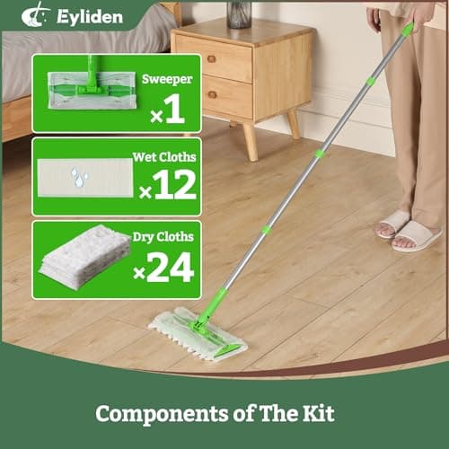Eyliden Sweeper Mop with 36 Refills - 3 Types of Disposable Dry & Wet Cloths | Lock-Tight Design No Lost Pads, Universal Refills, Multi-Surface Sweeping Starter Kit for Pet Hair, Dust, Floor Cleaning - Thumbnail 5