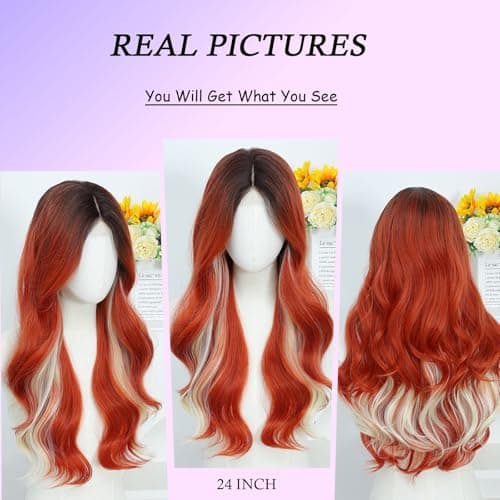 Copper Orange Lace Front Wig for Women Long Wavy Synthetic Middle Part - Thumbnail 5