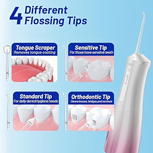 Water Dental Flosser Cordless with UVC Light, 3 Modes Portable Oral Irrigator, IPX7 Waterproof, 300ML Tank, Electric Teeth Cleaner for Tonsil Stones, Home & Travel Use (Pink) - Thumbnail 5