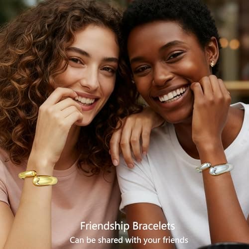 Gold Silver Chunky Bangles Bracelet for Women Trendy, 14K Gold Plated 2 Pcs Dainty Thick Cuff Bracelet Stack - Thumbnail 5
