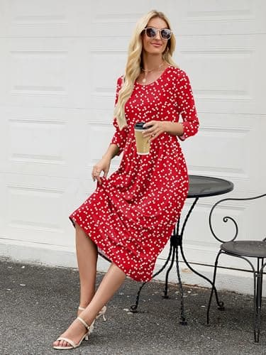 Heymoments Midi Dress for Women Floral XX-Large Crewneck 3/4 Sleeves Wedding Guest A line Casual Flowy Swing Party Vintage Spring Fall Winter Travel 2026 Long Dresses with Pocket - Thumbnail 4