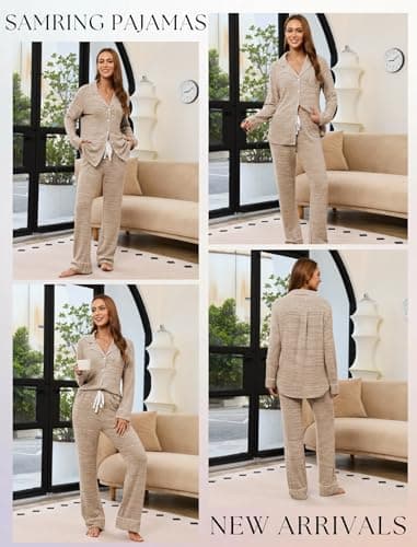 Samring Women's Pajama Sets Long Sleeve Button Down Pjs Lounge Set Soft Cotton Warm Flannel 2 Piece Sleepwear Light Brown L - Thumbnail 4