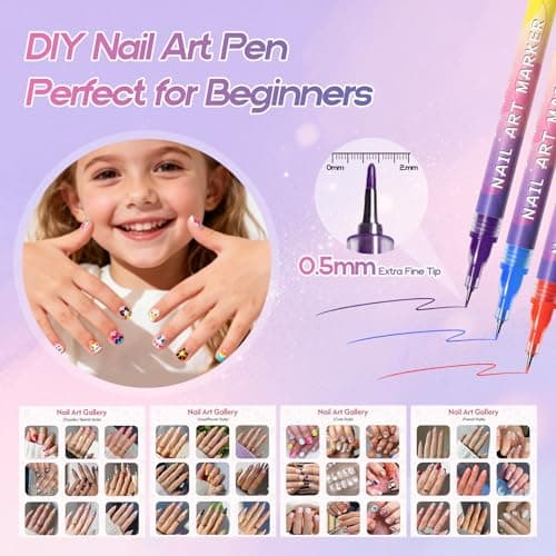 Nail Art Pens for Painting Nails 12 Colors Nail Art Markers Set with 0.5 mm Fine Tip Nail Doodle Pens for Girls Kids Women - Thumbnail 3