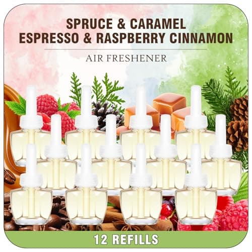 Plug In Air Freshener Refills – Spruce, Caramel, Espresso & Raspberry Cinnamon, 12 Count Fragrance for Home, Bathrooms, Office – 7.92 Fl Oz, Compatible with Air Wick & Glade, Not for Glade Plus - Image 1