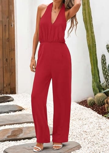 Lazysmile Summer Jumpsuits for Women Sleeveless Halter Backless Pants Romper Dressy Wide Legs One Piece Outfits - Thumbnail 5