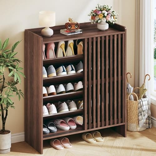HUAHUU Shoe Cabinet with Sliding Slatted Doors, 5-Tier Shoe Storage Cabinet with Adjustable Shelf, Modern Wooden Shoe Organizer Cabinet for Entryway, Hallway, Living Room, Walnut - Image 1