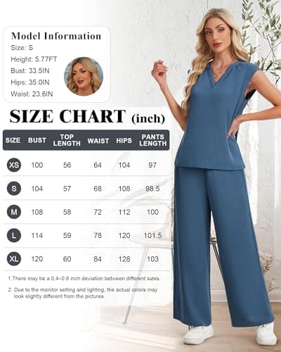 IEEILULU Two Piece Set for Women Summer Spring Outfits V Neck Sleeveless Tank Tops Wide Leg Pants Sets Vacation Travel Outfits Matching Sets (Blue, L) - Thumbnail 6