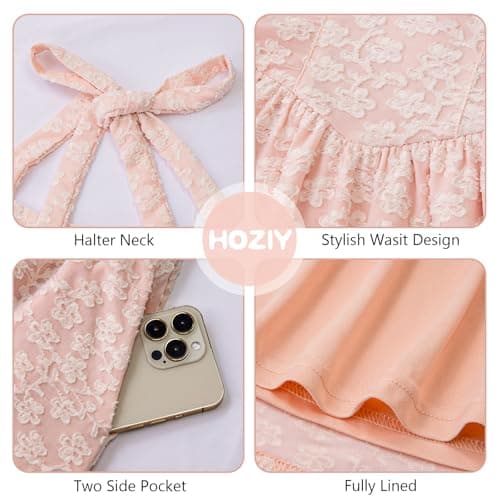 HOZIY Girls Floral Dress Spring Summer Easter Casual Halter Neck A Line Short Sundress Kids Elegant Semi Formal Church Dresses Pink Size 6-7 - Thumbnail 5