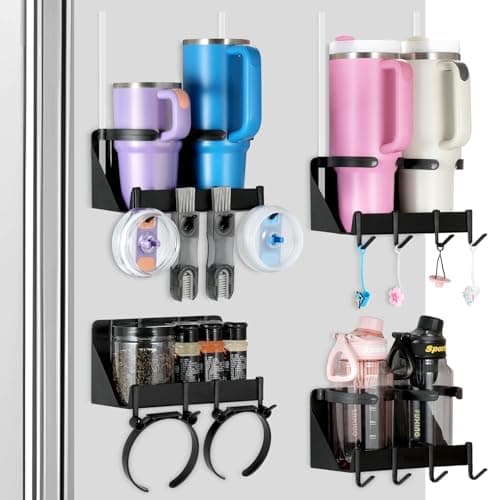 8 Cups Magnetic Cup Holder for Fridge Water Bottle Organizer for Stanley Cup Detachable Tumbler Holders Heavy Duty with Cup Accessories Hooks Straw Holder,Universal, Black