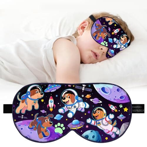 Kids Silk Sleep Mask: 100% Mulberry Silk Eye Mask with Adjustable Strap, Soft Blackout Boys Girls Sleeping Mask, Cute Printed Blindfold for Travel/School/Bed, Gift for Ages 5–15 (Space Dog Style) - Image 1