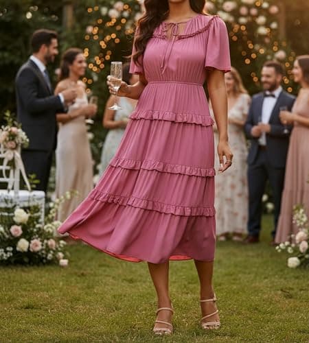Ystguic Casual Boho Summer Trendy Dresses with Pockets Elastic Waist for Women 2025 Pleated Flowy Aline Rayon Viscose Dress for Seniors for Wedding Guest Small YG025 Pink S - Thumbnail 4
