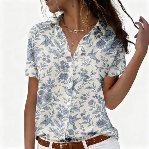 Chicwave Womens Button Down Shirts Blue Bird Floral Short Sleeve Summer Camp Shirts V Neck Blouses Dressy Casual Work Office Vacation Tops - Thumbnail 2