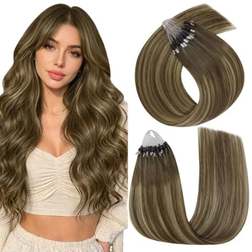 Easyouth Micro Hair Extensions Human Hair Balayage Micro Loop Hair Extensions Medium Brown Ombre Blonde with Brown Balayage Micro Bead Hair Extension Real Human Hair Long Straight Hair 24 Inch 57g 50s