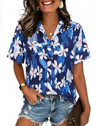 LILYCHIC Hawaiian Shirts for Women Floral Tropical Beach Tops Button Down Short Sleeve Blouses 2025 Hawaii Outfits Blue M - Image 1