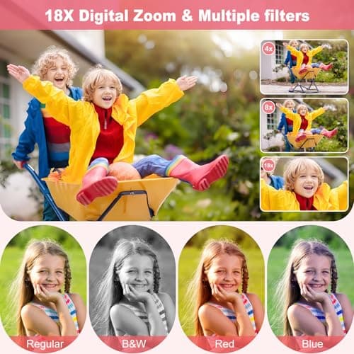HSZTJJYP Digital Camera, 4K 64MP, 18X Zoom, Point and Shoot with 64GB SD Card & 2 Batteries, Portable Rechargeable Small Camera for Kids Teens Adult, Pink - Thumbnail 3