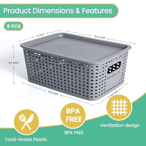 Plastic Storage Baskets with Lid-Plastic Storage Containers Stackable Storage bins: Storage Baskets for Organizing Shelves Drawers Desktop Closet Playroom Classroom Office,8 Pack-Gray10.2x7.2x4.1Inch - Thumbnail 2