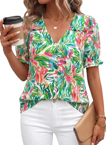 PRETTYGARDEN Womens Boho Tops Summer 2026 V Neck Puff Sleeve Casual Button Down Ruffle Floral Blouses Shirts Work Clothes (Bright Green,XXL) - Image 1