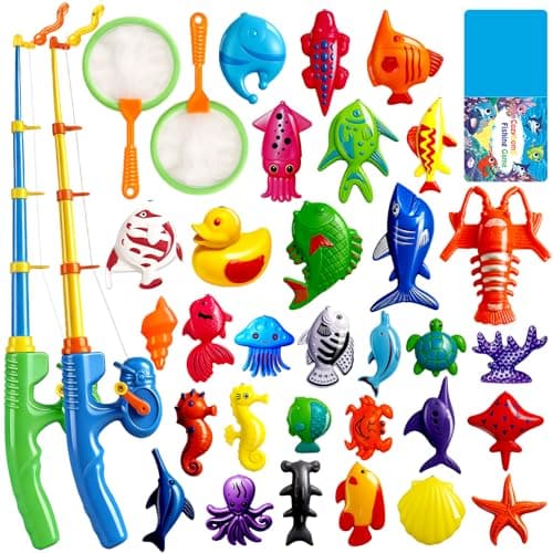 CozyBomB™ Magnetic Fishing Toys Game Set for Kids | Water Table Bathtub Kiddie Pool Party Pole Rod Net, Outdoor Plastic Floating Fish, Toddler Bath Color Ocean Sea Animals Easter Gift Age 3-5 6 4-8 - Image 1