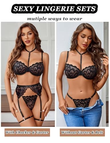 Avidlove Lingerie For Women Sexy Bra And Panty Sets With Garter Belt 3 Piece Underwire Lingeries Set Babydoll Bodysuit Black - Thumbnail 3