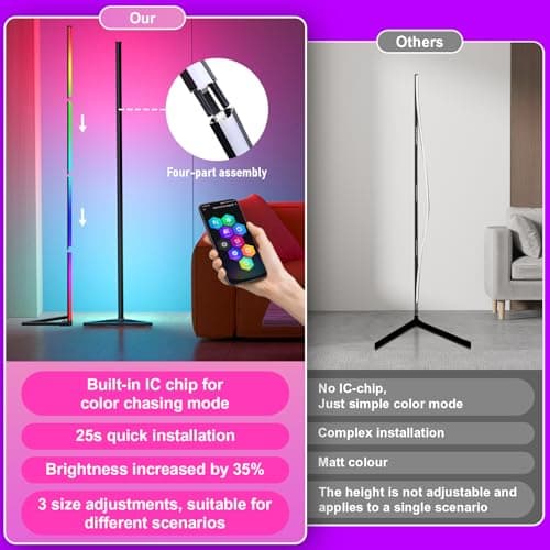 MIHEAL RGB Floor Lamp,16 Million Colors LED Floor Lamps 56" Lamps for Living Room with Music Sync,Standing Lamp with App and Remote Control,Gaming Ambient Lighting Corner Lamp Bedroom Decor - Thumbnail 3