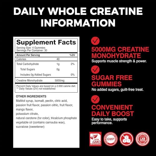 Hen Loog Creatine Gummies for Women & Men, NSF Certified 5000mg Creatine Monohydrate Gummies, Sugar Free Vegan Pre-Workout Supplement for Muscle Strength & Recovery, 120 Count - Watermelon - Thumbnail 2