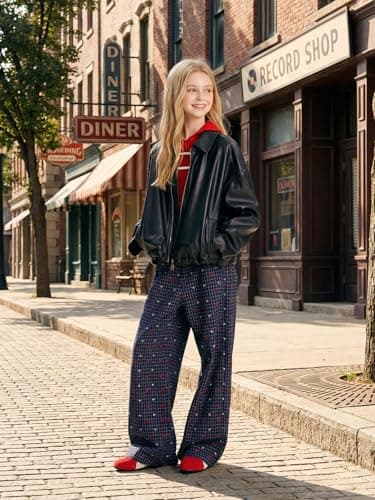 Girls Plaid Wide Leg Pants Retro Heart Pants Navy Blue Girls Trousers for Teens 6-16Y - Thumbnail 3