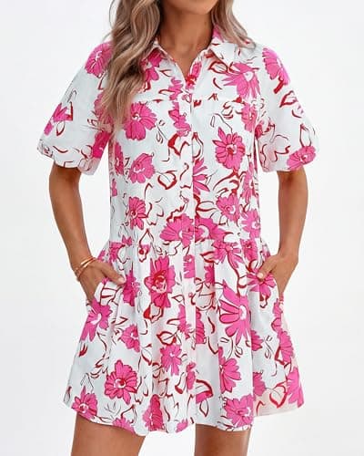 PRETTYGARDEN Womens Summer Dresses 2026 Casual Puff Sleeve Button Down Mini Shirt Dress Boho Floral Babydoll Sun Dress(Pink,Medium) - Thumbnail 6