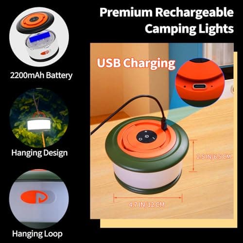 KOBAIBAN Camping String Lights, Rechargeable Tent Lights String with 6 Lighting Modes, 32.8 FT LED Hanging Waterproof Camping Lamp String for Garden, Travel, Decoration Festival Gift (Green Orange) - Thumbnail 6