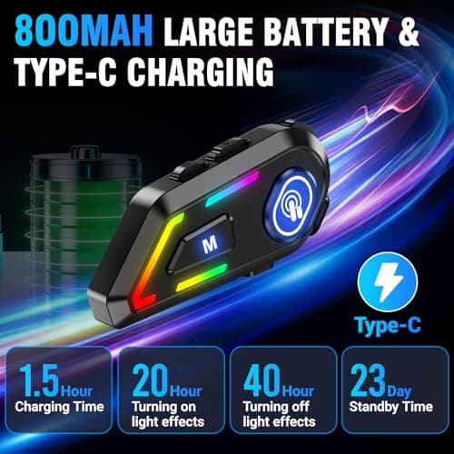 Helmet Bluetooth Headset with RGB Lights for Riders, Helmet Speakers with Dual Mics, Hands Free Calling/Music/IPX5/Noise Cancellation/Wake Up Siri/Multipoint Connection, Compatible with All Helmets - Thumbnail 3