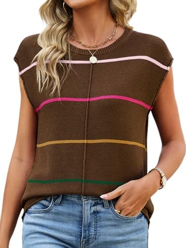 Bellcoco Womens Cap Sleeve Summer Tops Striped Sweater Vest Lightweight Casual Crewneck Loose Knit Pullover Tank Top Beach Vacation Outfits Coffee S - Image 1
