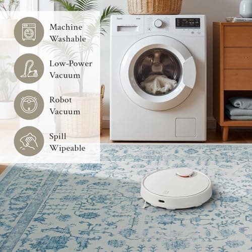 RUGVIGO Blue 8x10 Area Rugs for Living Room, Floral Vintage Washable Rug for Bedroom, Non-Slip Stain Resistant Soft Low Pile Carpet for Dining Room Home Decor Kids Room - Thumbnail 5