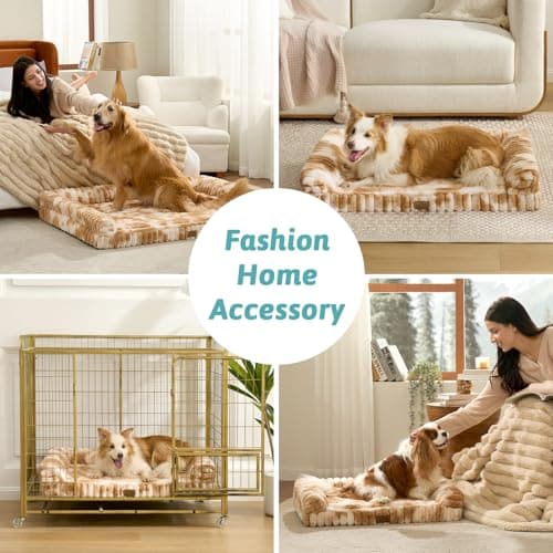 COZY KISS Ultra Soft Faux Rabbit Fur Dog Bed for Large Dogs – 44"x32" Orthopedic Foam Couch, Removable Washable Cover & Waterproof Lining, Tie-Dye Brown - Thumbnail 2