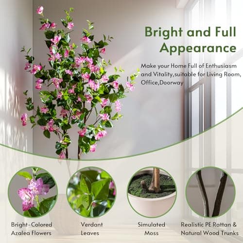 Erimda 6FT Artificial Bougainvillea Tree Artificial Tree Tall Potted Fake Bougainvillea Trees for Outdoor Indoor Lifelike Potted Faux Plants with Wood Trunk and Flowers Office Wedding Home Decor - Thumbnail 3
