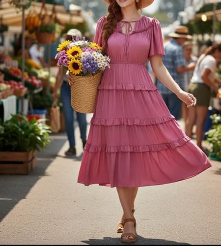 Ystguic Casual Boho Summer Trendy Dresses with Pockets Elastic Waist for Women 2025 Pleated Flowy Aline Rayon Viscose Dress for Seniors for Wedding Guest Small YG025 Pink S - Thumbnail 5