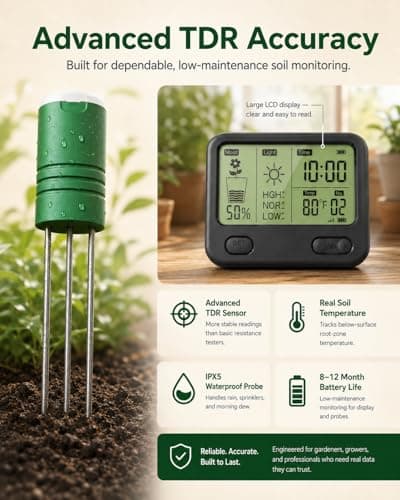 Soil Moisture Meter for Plants, 12-Zone Wireless Plant Water Meter, Soil Thermometer and Light Sensor, 4-in-1 TDR Tester, 230ft Range, IPX5 Waterproof for Indoor Outdoor Garden Lawn (Display+4 Sensor) - Thumbnail 5