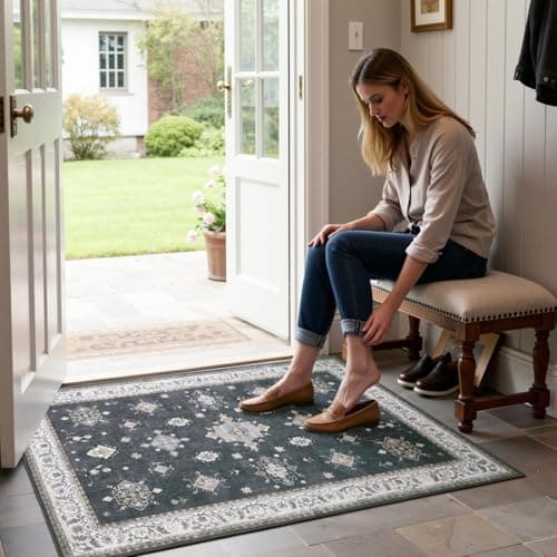 2'x3' Washable Area Rug Non-Slip, Vintage Floral Medallion Distressed Entryway Kitchen Bathroom Mat, Soft Low Pile Indoor Floor Carpet for Hallway Laundry, Navy Blue & Ivory Vintage - Thumbnail 5