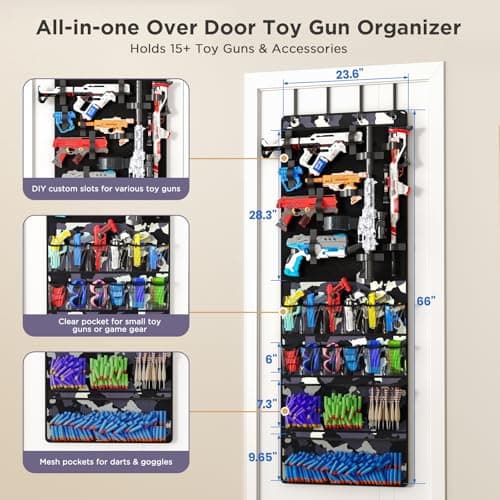 Over the Door Organizer for Toy Guns, Hanging Toy Guns Storage Organizer with Pockets and Slots for Kids Foam Blasters, Darts, Goggles, Toys Storage Door Hanger for Kids Rooms, Game Rooms, Camouflage - Thumbnail 4