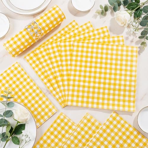 NatNarr 80 Pcs Gingham Napkins, 6.5X6.5 Inch Easter Paper Napkins Disposable Yellow and White Plaid Napkin for Spring, Masters Party, Picnic - Thumbnail 4