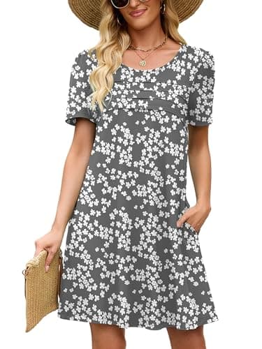 Heymoments Women Short Sleeve Dress Floral Print Medium Crew Neck Casual Flowy Cute Above Knee Sundress Comfy Shirt Teachers Summer Travel 2026 Novelty Dresses with Pockets - Image 1