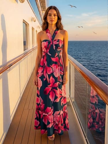 GRACE KARIN Womens Summer Floral Dresses 2026 Boho Maxi Dress Flowy Halter Sundress Casual Vacation Beach Clothes with Pocket Blue Floral L - Thumbnail 3