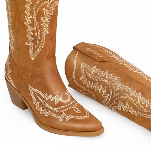 LeunDen Tan Cowboy Boots for Women, Knee High Cowgirl Boots Women with Pointed Toe, Block Heel Embroidery Western Boots Tall Long Boots Size 8.5 - Thumbnail 5