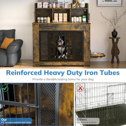Petrova 33" Dog Crate Furniture with Storage Shelf & 2 Stainless Steel Bowls, Heavy Duty Indoor Dog Kennel for Medium/Small Dogs, Wooden Dog Cage with 4 Hooks, LED Light, Walnut Brown - Thumbnail 6