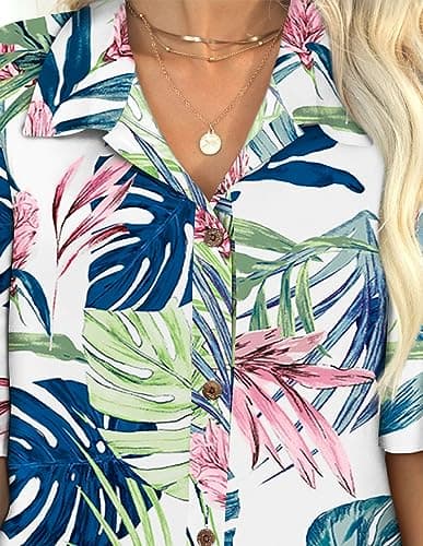 LILYCHIC Women's Hawaiian Shirts Outfits Luau Party Tropical Tops Blouses Summer Beach Plus Size Shirt Palm Leaf White, L - Thumbnail 4