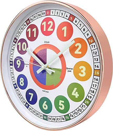 Learning Clock for kids, Glow in The Dark Wall Clock for Bedroom, 12 Inch Silent Night Light Kids Wall Clock, Colorful Illuminated Telling Time Teaching Clock,Kids Room Decor (Illuminated Rose Gold)