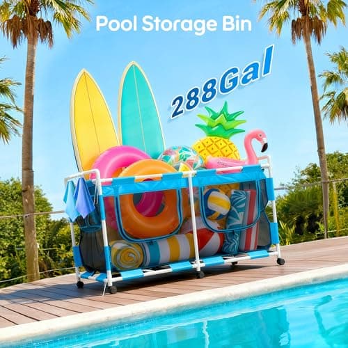 MUSCCCM Pool Float Storage Organizer 288 Gallon Pool Storage Bin - Easy Assembly Mesh Rolling Cart with Ample Space for Noodles,Water Sports Gear & Towels Outdoor Poolside & Lawn (62"x32"x35") - Thumbnail 5