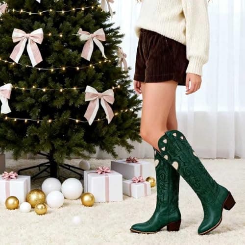 POYOIOR Green Women Western Cowboy Boots with Heart Pattern Classic Embroidered Chunky Heel Cowgirl Fashion Long Booties Round Toe Fashion Tall Boots for 2025 Fall Winter Size 11 - Thumbnail 2