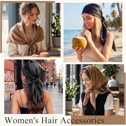 obeoby 2 Pcs Head Scarf for Women Like Silk Scarf, 35” Large Square Hair Scarf - Satin Scarf for Sleeping Hair Wrapping Beach Wear Travel Bandana for Women Gifts (Coffee Brown, Black) - Thumbnail 6